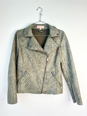 Philosophy Olive Green Leaf Collared Full Zip Moto Faux Leather Jacket S